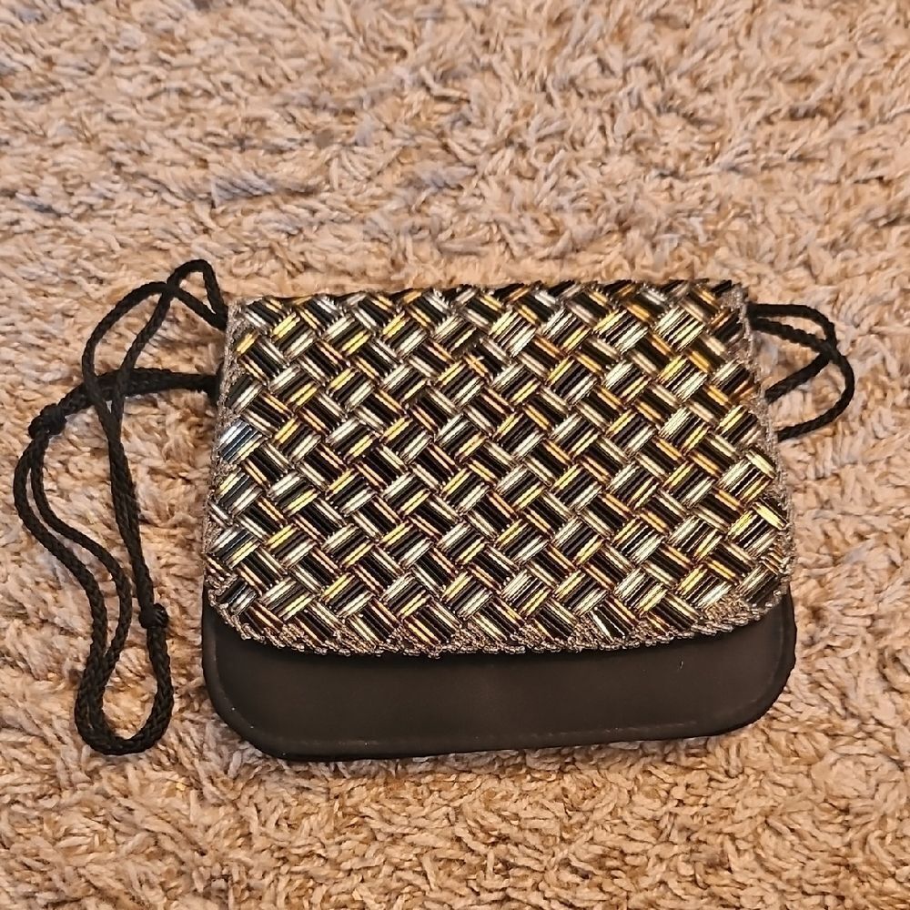 Vintage Walborg Beaded Evening Bag Made in Macau – Black, Silver & Gold Beads